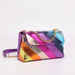 Bags Multicoloured Neon Rainbow Jointing Ing Pu Handbag Metallic Chain Straps Rainbow Color Crossbody Bag