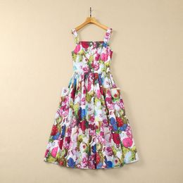 Summer Multicolor Floral Print Panelled Dress Spaghetti Strap Slash Neck Double Pockets Midi Casual Dresses S4M110306 Plus Size XXL