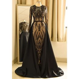 Elegant Arabic Caftan Sequined Mermaid Prom Dresses With Detachable Train 2024 Glitter Black Long Sleeves Muslim Formal Evening Gowns Jewel Neck