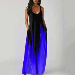 Basic Casual Dresses Sexy Spaghetti Strap Gradient Long Maxi Dress Women Casual Sleeveless Loose Pocket Boho Sundress Holiday Party Robe Vestidos 240419