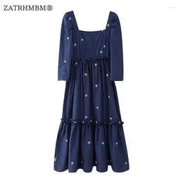 Casual Dresses ZATRHMBM Women 2024 Spring Fashion Embroidered Midi Dress Vintage Square Collar Long Sleeve Female Vestidos Mujer