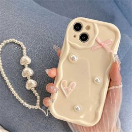 Cell Phone Cases Korean Cute Laser Heart Pink Bow Pearl Cream Wave Phone Case For iPhone 15 14 13 12 11 Pro Max Soild Color Silicone Soft Cover J240418