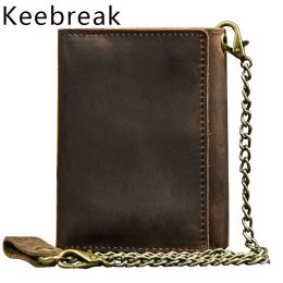 Wallets Genuine Leather Men Chain Wallet Card Holder Small Money Bag Coin Purse Crazy Horse Leather Thin Wallets Man Vintage Male Walet