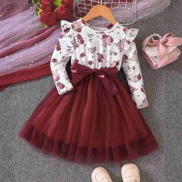 Girl&#039;s Dresses New Girls Spring and Autumn Flying Sleeves Long Sleeve Printed Mesh Dress for Primary and Secondary School Children d240423