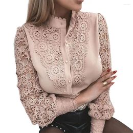 Women's Blouses Elegant Blouse Vintage Lace Spliced Long Sleeve Pink Button Up Woman Shirt Tops 2024 Fashion Casual Ladies Top