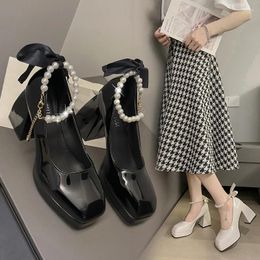 Dress Shoes Ladies High Heels Elegant Bow Square Toe Black Fashion Women's Pumps Thick Heel Wedding Party Pearl Lace For Women