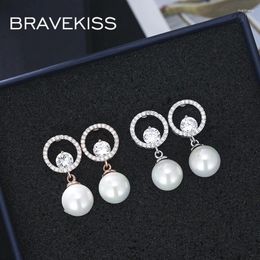 Stud Earrings Bravekiss Round Elegant Dangle Pearl White Rhinestone Drop For Women Luxury Fashion Jewellery Oorbellen Hangers UE0844