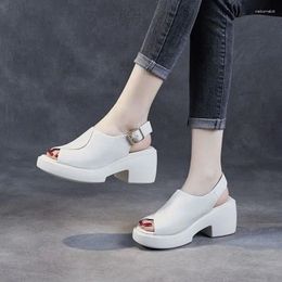 Dress Shoes Sandals For Woman Women's Platform High Heels Leather Footwear Summer 2024 Outdoor Wedge Waterproof White Wedges Heel Vip