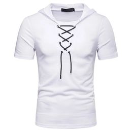 New European and American mens hoodie loose tie up hip-hop casual short sleeved T-shirt 240415