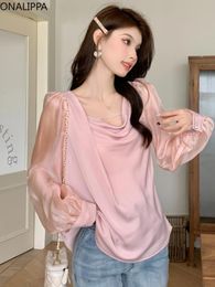 Women's Blouses Onalippa Puff Long Sleeves Pink Blouse Women Solid Loose Chiffon Satin Patchwork Shirts Korean Sweet Swing Collar Pullover