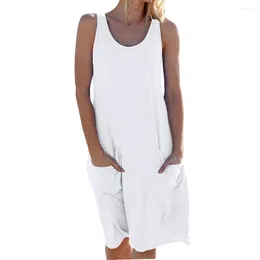 Casual Dresses Women Summer Dress O Neck Sleeveless Pocket Patchwork Loose Cotton Tank Plus Size Female Solid Beach Party Vestidos