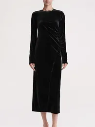 Casual Dresses Women's Twisting Seam Velvet Midi Dress Slit Black Elegant Round Neck Female Long Sleeve Robes Spring 2024