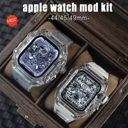 Bags for Apple Watch Transparent Diamond Mod Kit 44mm 45mm 49mm Fluororubber Strap for Iwatch Series Ultra 8 7 6 5 Se