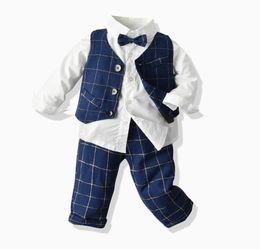 Fall baby boy sets toddler kids lapel long sleeve shirtplaid waistcoat outwearlattice pants 3pcs boys performance clothes J05912867597