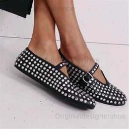 Casual Shoes Designer Studded Women Ballet Flats Round Toe Dance Shoes Casual Runway Walk Loafers Espadrilles Ladies Mary Janes White T240419