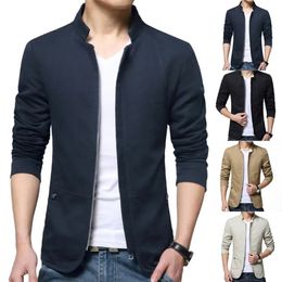 Casual Men Blazer Spring Autumn Stylish Business Casual Jacket Solid Color Stand Collar Zipper Pockets Thin Slim Blazer Coat 240409