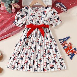 Girl Dresses FOCUSNORM 1-6Y Summer Kids Girls Independence Days Dress Short Puff Sleeve Star Print Pleated A-Line Bow