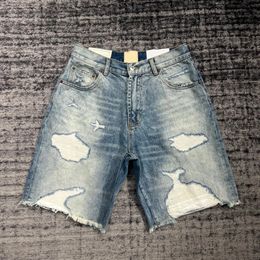 Do Old Ripped Raw Edge Patch Casual Loose Knee Length Denim Shorts Men High Street 240410