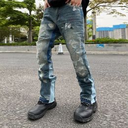 High Street Retro Ink Splash Patchwork Ripped Jeans Flare Pants Men and Women Straight Casual Oversized Loose Denim Trousers 240412