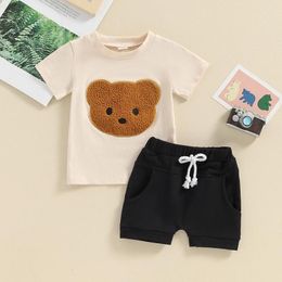 Clothing Sets 2024-03-18 Lioraitiin 0-3Y Toddler Baby Boys Clothes Set Short Sleeve Bear Embroidery T-Shirt And Shorts Outfits