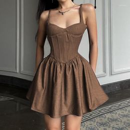 Casual Dresses European And American-Style Pleated Low Collar Slim Looking Sling Fishbone
