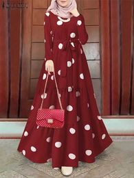 Ethnic Clothing ZANZEA Mulsim Dubai Turkey Hijab Sundress Womens Vintage Polka Dot Printed Abaya Dress Femme Robe Maxi Dress Islamic Clothing d240419