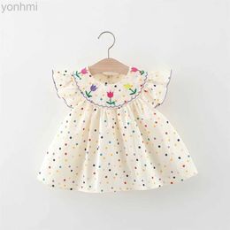 Girl's Dresses New Cute GirlS Dress Sweet Rose Embroidered Small Round Dots Korean Version Loose Bubble Sleeve Cotton Beach Skirt d240419