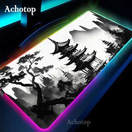 Mouse Pads Wrist Rests Black And White RGB Laptop Gamer Mousepad Gaming Mouse Pad Mountain Serenity Large Rug Keyboard 100x50 LED Desk Mat With Backlit Y240419