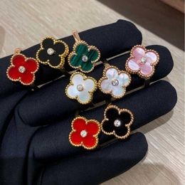 Senior designer original Vabcefe High Edition Red Jade Marrow Clover Ring with Diamond and Lucky Grass Thick Gold Electroplating for Women