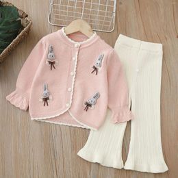 Clothing Sets Girls Woolen Jersey Clothes Spring Autumn 2024 Children Knitted Sweaters Coats Flared Trousers 2pcs Party Suit Kids Outfits