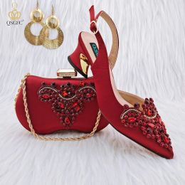 Bags Qsgfc Fresh Beautiful Wine Colour Women's Shoes Totemstyle Arrangement of Rhinestone Design Party Ladies Shoes and Handbags