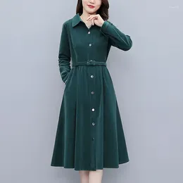 Casual Dresses 2024 Autumn And Winter Women Turn Down Collar Long Sleeve Slim All-matched Solid Corduroy A-line Dress