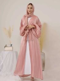 Ethnic Clothing Summer Eid Djellaba Abaya Dubai Shiny Soft Cuff Sleeve Muslim Dress Silky Kimono Dubai Turkey Muslim Dress Islam Abaya With Belt d240419