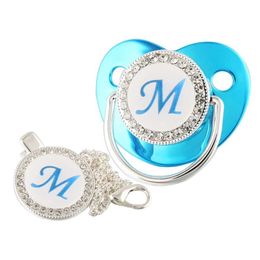 Pacifiers# Metallic Blue Luxury Baby Pacifier Clips Holder Silver 26 Name Initial Letter Silicone Pacifier Teether Baby Shower GiftsL2403
