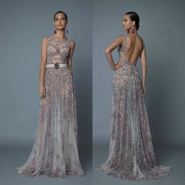 Berta 2024 Evening Dresses Jewel Sleeveless Lace Beads Sequins Prom Gowns Open Back Sweep Train A Line Special Occasion Dress