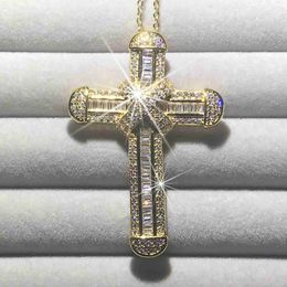 Pendant Necklaces New 925 Silver Exquisite Bible Jesus Cross Pendant Necklace Women men Crucifix Charm Simulated Diamond 14K gold Jewellery 240419