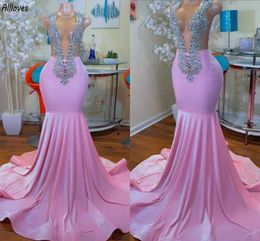 Pink Aso Ebi Mermaid Evening Dresses Sparkly Rhinestones Beaded Sheer Plunging V Neck Prom Formal Gowns Slim and Flare Women Second Reception Party Gala Dress CL3512