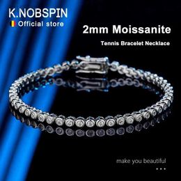 Chain KNOBSPIN 2mm Moissanite Tennis Bracelet for Woman Men Hip Hop Chain with GRA 100% Sterling Sliver 18k White Gold Plated Bracelet d240419