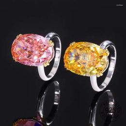 Cluster Rings 925 Sterling Silver Jewelry Big Oval Yellow Pink Crushed Cut High Carbon Diamond Gemstone Ring