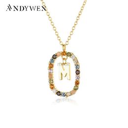 Pendant Necklaces ANDYWEN 925 Sterling Silver Gold Letters M Alphabet 26 Initial Pendant Necklace Long Chain Choker With Charm Luxury Fine Jewellery 240419