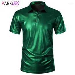 Men's Polos Mens Green Metallic Short Sleeve Polo Shirts 2024 Brand 70s Disco Nightclub Party Tshirts Turn Down Collar Para Hombre
