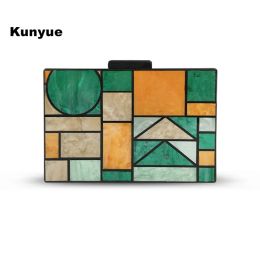 Wallets New Wallet Lady Acrylic Evening Bags Elegant Colors Contrast Patchwork Hardbox Stylish Party Prom Geometric Vintage Clutch Purse