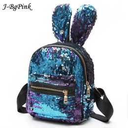 Backpacks JBg Pink Newest Bling Sequins Backpack Cute Big Rabbit Ears Double Shoulder Bag Women Mini Backpack Children Girls Travel Bag