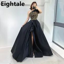 Party Dresses Eightale Balck A Line One Shoulder Gold Beads Side Slit Evening Dress With Pocket Long Luxury 2024 Dubai Women Formal Gown