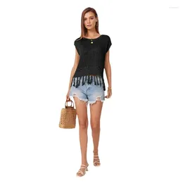 Women's T Shirts Summer Knitted T-shirt 2024 Handmade Tassel Short-sleeved Top Loose Round Neck Hollow Out Knitwear