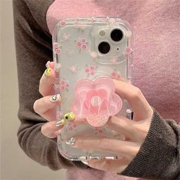 Cell Phone Cases Cute Quicksand Pink Flower Holder Phone Case Suitable for iPhone 15 14 13 11 Pro Max Plus INS Korean Girls Stand Flower Holder Transparent S J240418