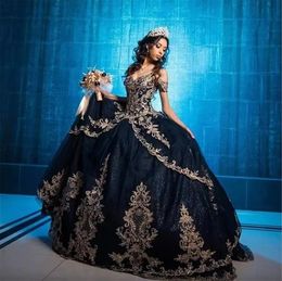 Glitter Dark Navy Princess Quinceanera Dresses Sequined Gold Lace Applique V-neck Party Ball Gown Prom Evening Dress For Sweet 15