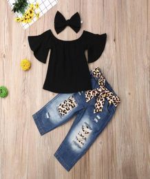 3PCS Baby Girls Toddler Pineapple Clothes Kids Off Shoulder Tops Leopard Headband Denim Shorts Outfits Set4058247