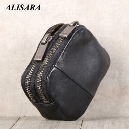 Backpacks Alisara Double Zipper Coin Purses Genuine Leather Mini Coin Pouch 100% Cowhide Men Women Small Wallets Card Holder Bag Black