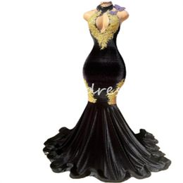 Elegant Black Velvet Prom Dresses With Gold Lace Keyhole Front Mermaid Evening Dress 2024 Floor Length Plus Size Black Girls Formal Dress Dance Birthday Party Gowns